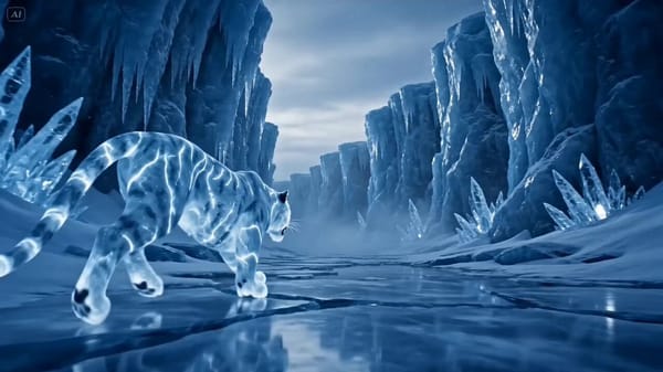 **Environment:** A colossal glacial canyon under pale blue twilight. Massive ice walls tower ab…