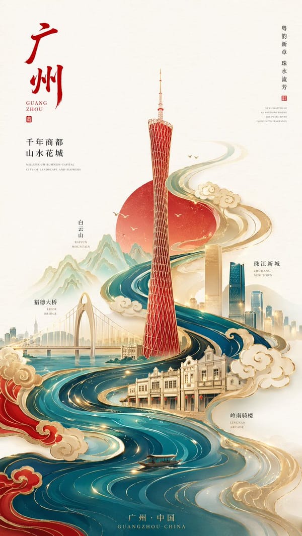 新中式极简风格高端城市海报，9:16竖版构图，以广州为核心主题，画面中心为抽象几何化的广州塔，造型简洁但具有辨识度， prompt example