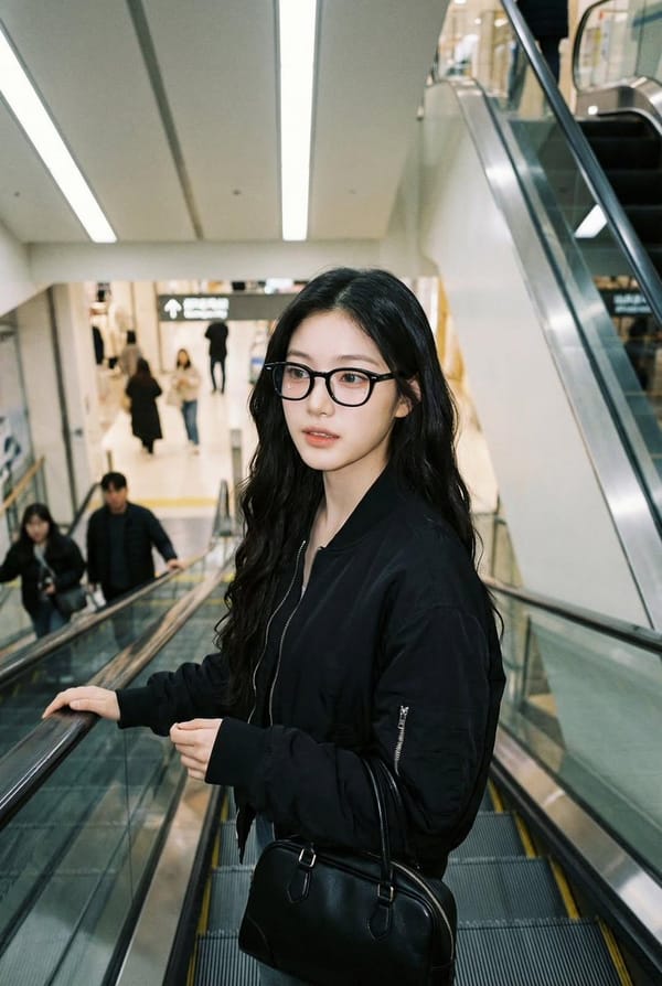 Photorealistic iPhone candid of a woman on an escalator, using the exact face and identity from the… prompt example