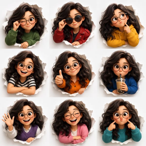 3D Pixar-style expression sheet, cute stylized avatar with wavy dark hair and round glasses, 3x3 gr… prompt example