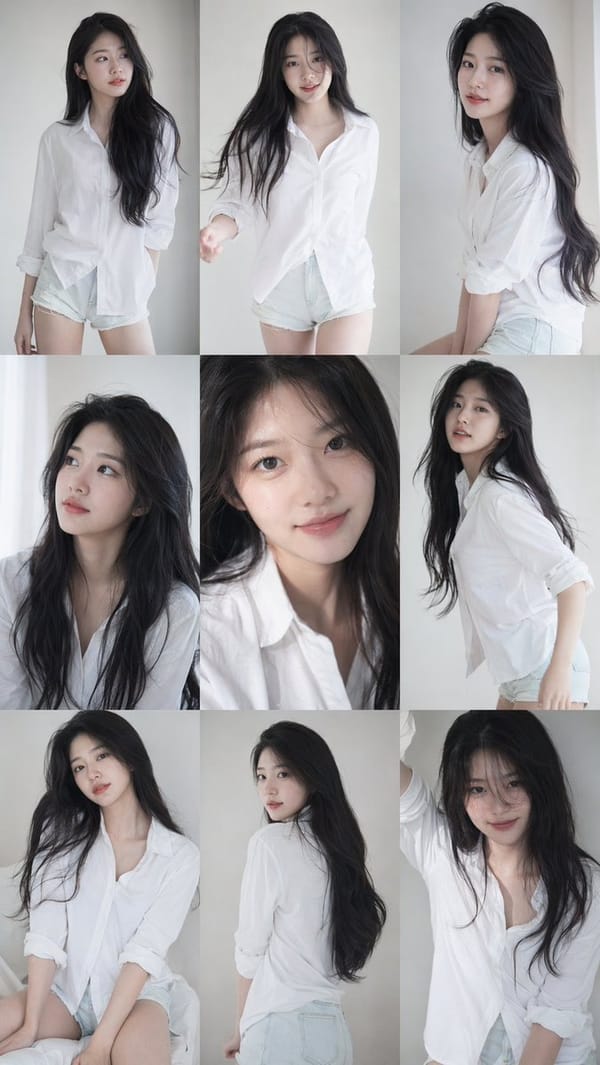 9:16 vertical — a 3x3 grid collage (nine images) forming a Korean idol portrait photoshoot seri…
