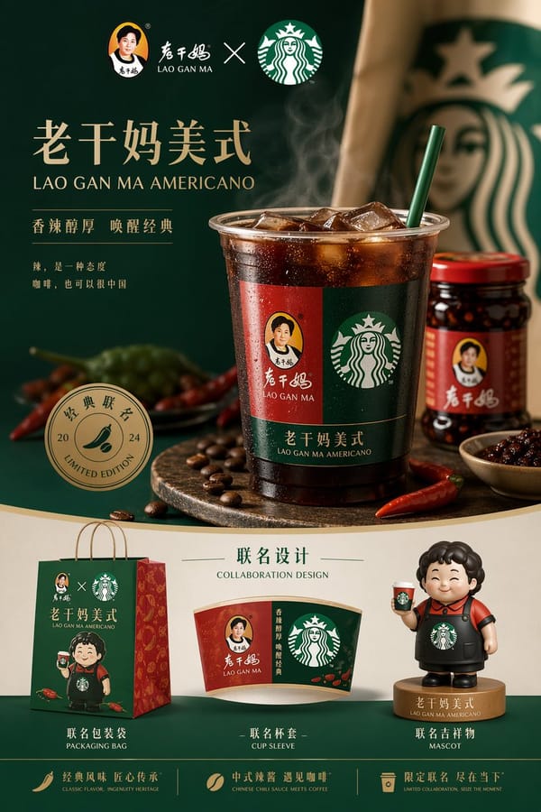 生成完整高端的品牌运营图 ，产品是老干妈和星巴克的联名款：老干妈美式，中间是主图，下面放一些联名的设计，包装袋、杯套以及吉祥物。 prompt example