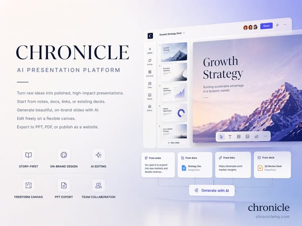 Create a premium 4:3 presentation cover slide introducing Chronicle, the AI-native presentation…
