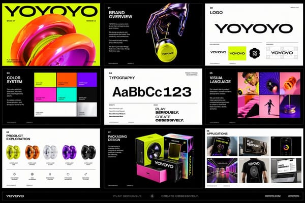 Create a polished multi-page (multiple images) brand kit for a company called [YOYOYO]. The brand s… prompt example
