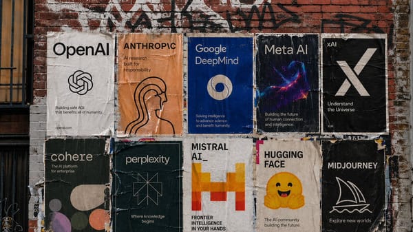 Make a wheatpaste poster setup on a brick wall in sf featuring posters from various AI labs prompt example