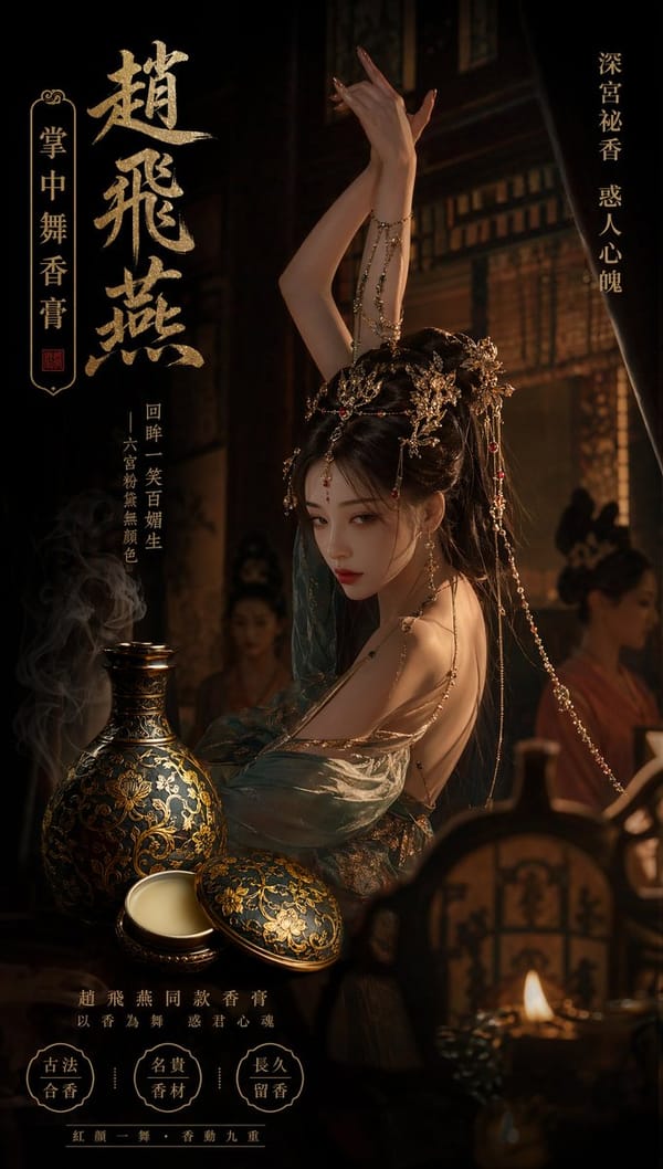 赵飞燕同款掌中舞香膏广告，错金缠枝莲铜瓶，冷艳诡谲深宫氛围感，竖屏9:16 prompt example