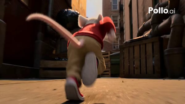 Duration: 15 seconds. Cinematic style: Hollywood chase film inspired by Stuart Little, vibrant…