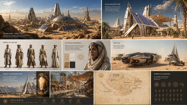 Create a complete visual worldbuilding set for a futuristic desert civilization powered by solar te… prompt example