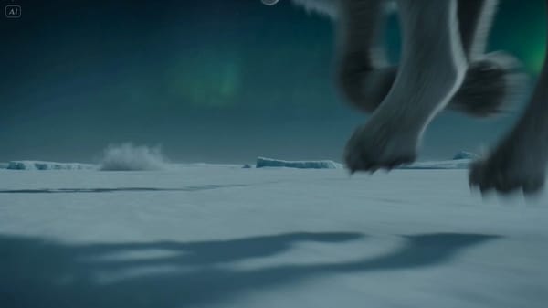 **Environment:** A frozen tundra under aurora-lit night skies. Pale green northern lights refle…