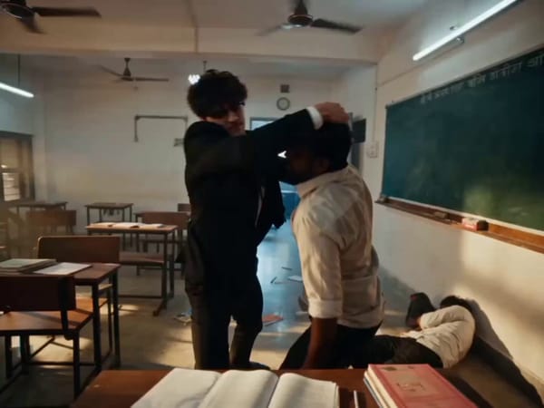 Ultra-realistic Indian classroom street fight. Single continuous shot, no cuts. Raw handheld mobile… prompt example