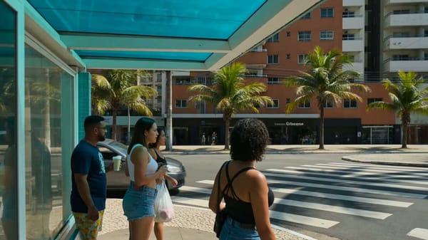 Style & Mood: Street-level Rio midday. Saturated tropical palette — aqua bus stop tiles, terrac…