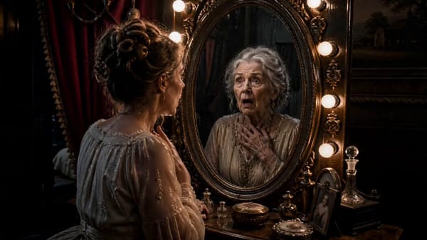 Cinematic dark fantasy. A young woman stands before a glowing ornate oval mirror in a Victorian…