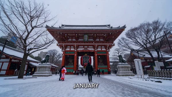 Cinematic locked camera ground level shot, 16:9, 15 seconds. The iconic Kaminarimon Gate of Sen…