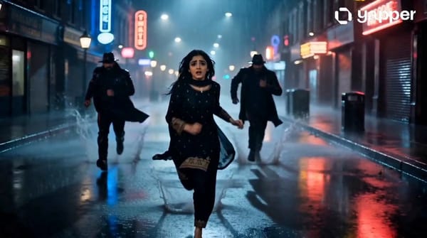 ⏱ Scene 1 (0–4s) Prompt: A dark rainy street at night, cinematic lighting, a terrified young gi…