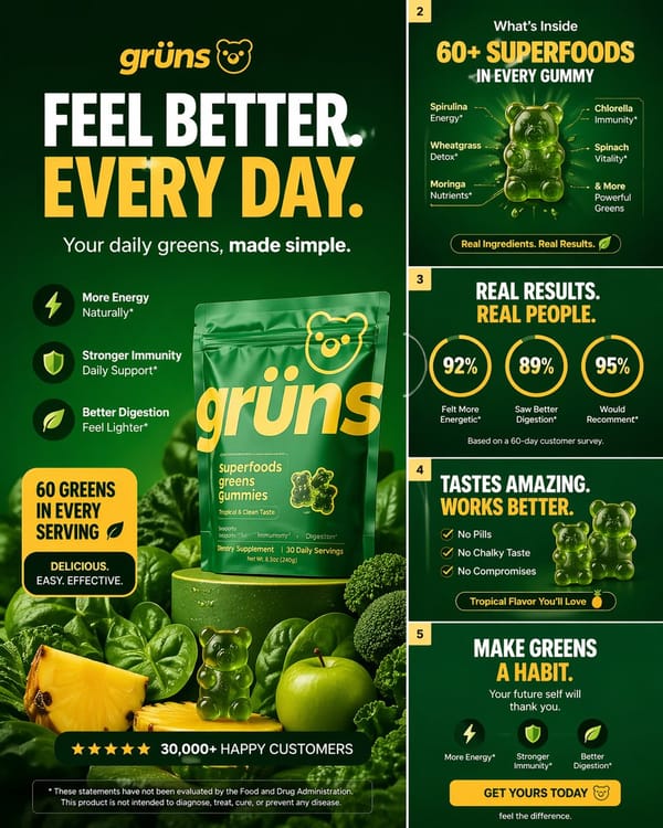 Create a high-converting carousel image for Grüns (greens gummies). prompt example