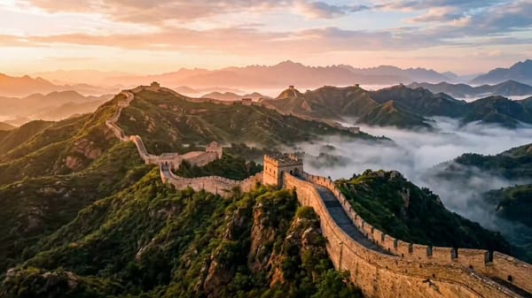 Cinematic 15-second historical landmark tour of the Great Wall of China at sunrise composed of…