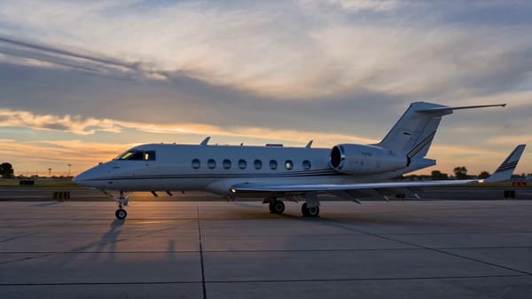 Continuation of the previous scene: the private jet has already landed and is stationary on the…