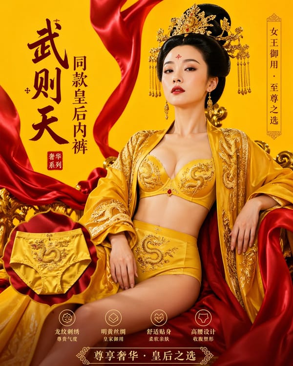 武则天同款皇后内衣广告大片，明黄底色龙纹刺绣，大红丝绸飘带衬托 prompt example