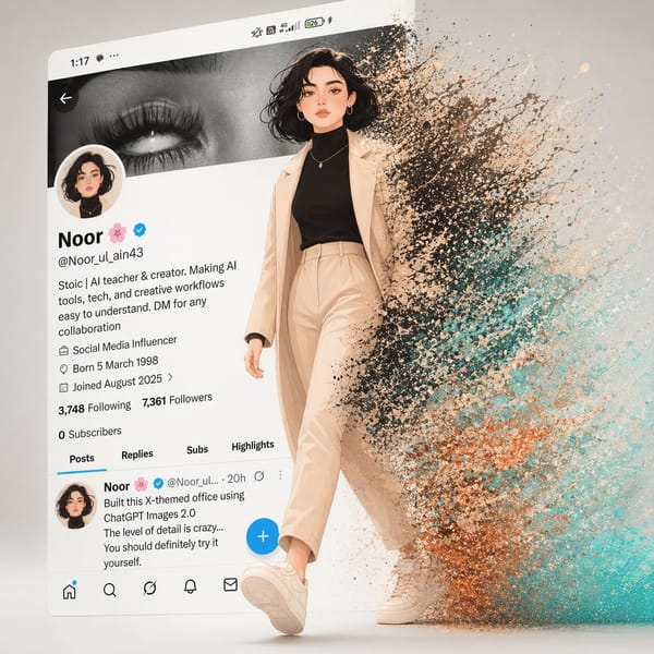 A cinematic digital artwork of a stylish animated girl walking out of a modern X (Twitter) profile… prompt example