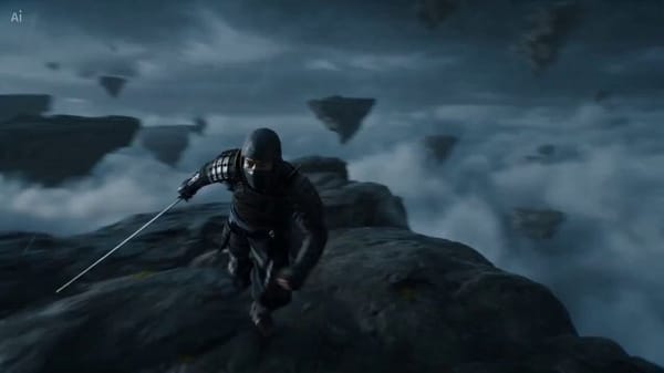 A surreal battlefield in the air: floating rocky islands drift in a thunderstorm, clouds churni…