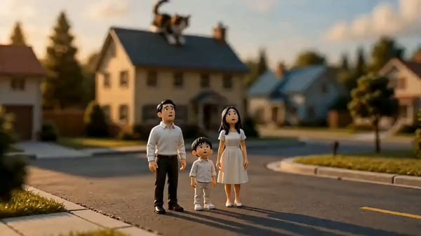 Ultra-realistic 6-second miniature diorama video: A tiny realistic human family stands worried on a… prompt example