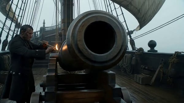 CANNONBALL TRACKING SHOT — 15-second cinematic naval masterpiece A historical naval scene begins on… prompt example