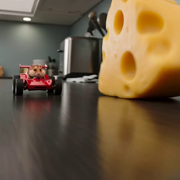 High-speed chase thriller reimagined as a hamster in a toy car pursuing a rolling cheese wheel thro… prompt example