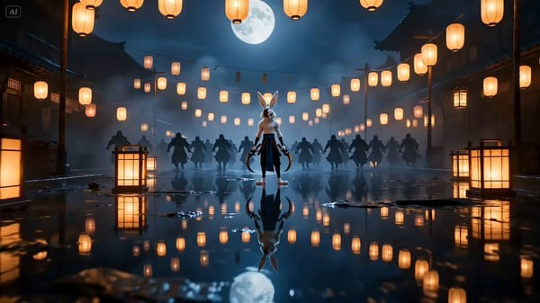 Intense multi-shot action sequence in a flooded midnight festival street after heavy rain, lone tal… prompt example