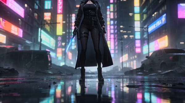 Cinematic anime action sequence in a ruined neon city at night during heavy rain. Same female w…
