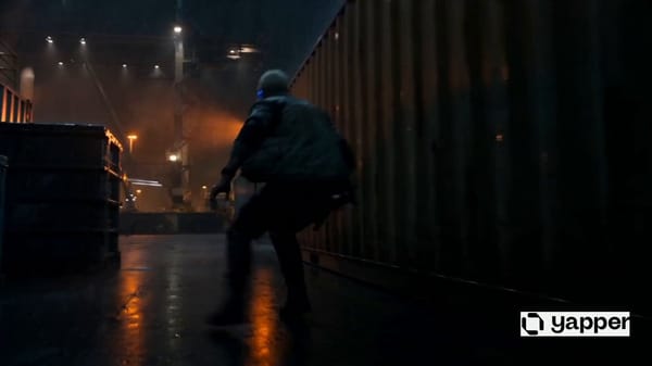 In a rainy shipping yard, a man with a glowing cybernetic eye dodges enemy fire and ambushes an arm… prompt example