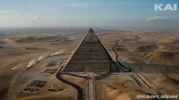 The colossal Great Pyramid of Giza stands nearly complete at dawn, its limestone blocks glowing…