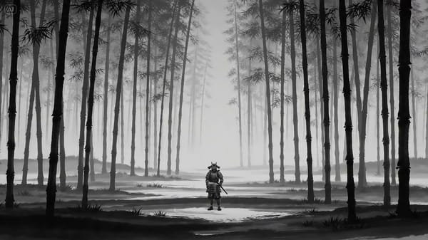 INK-WASH SAMURAI vs DIGITAL GLITCH — 15-second cinematic action sequence Shot 1 (0-5s): Traditional… prompt example
