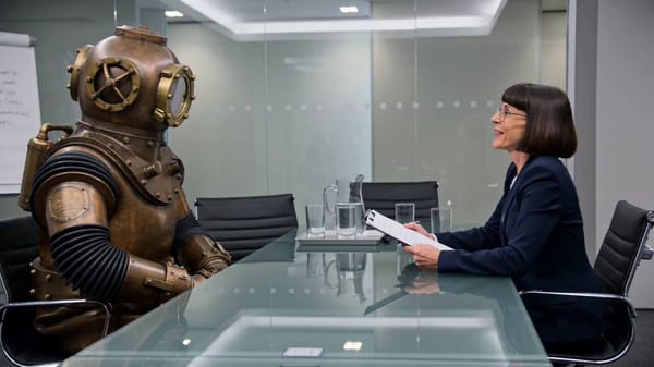 Photorealistic live-action video. No animation. No 2D elements. A corporate job interview in a…