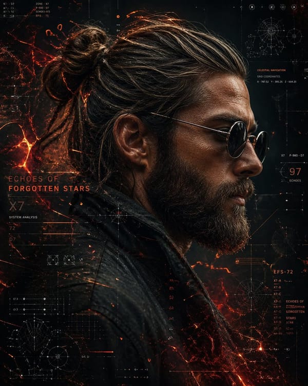 A cinematic side-profile portrait of a rugged man with a tied-back bun and full beard, wearing roun… prompt example