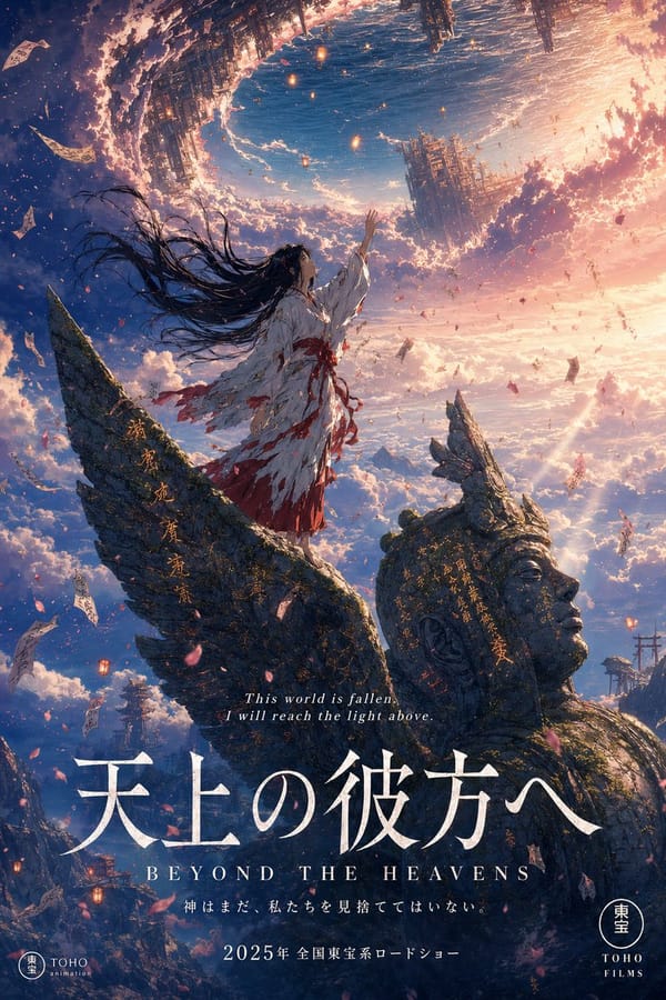 A stunning anime theatrical movie poster in portrait format. Studio Ghibli meets Makoto Shinkai…