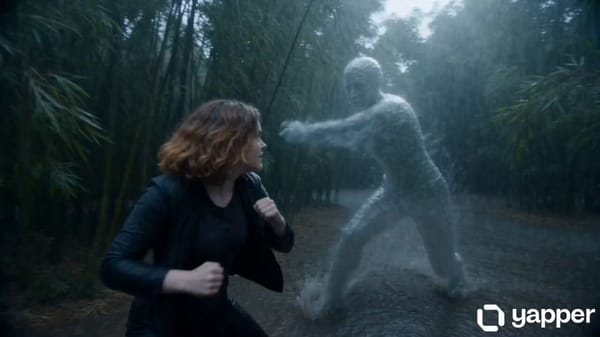 An intense, fast-paced martial arts battle unfolds inside a rain-soaked bamboo forest during a…