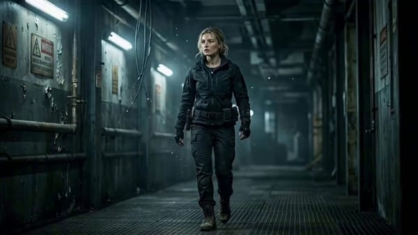 Concept: img1, a skilled female operative, infiltrates a hostile industrial facility to retriev…