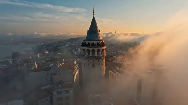 Cinematic 15-second historical landmark tour of Galata Tower composed of 15 rapid 1-second shots, e… prompt example