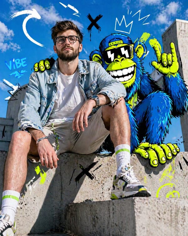 Full-body fashion editorial shot of a confident young person model sitting casually on a concrete l… prompt example