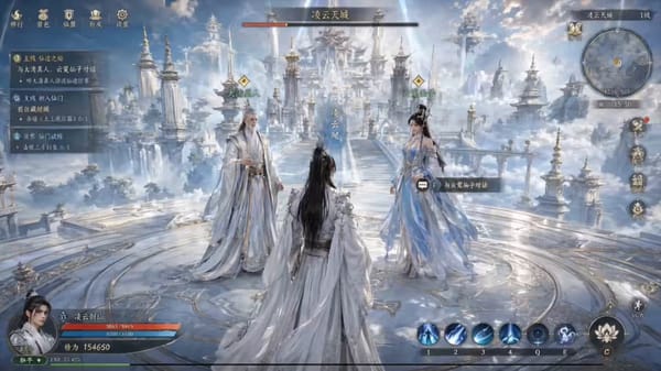 生成了一张仙侠武侠 ARPG 探索游戏截图。 画面呈现了一座宏伟的云端仙宫场景，三位身着飘逸古装的角色站在白玉平台上，周围是悬浮的亭台楼阁和缭绕的云雾。UI 界面包含任务追踪、角色状态、技能…