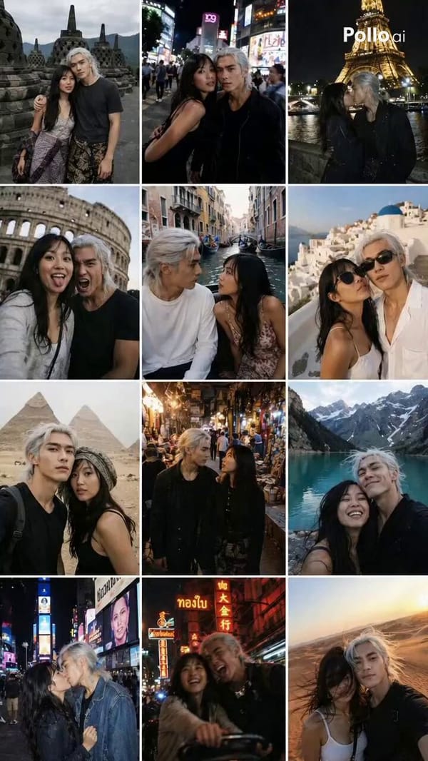 A 12-photo collage of a young Indonesian couple on a chaotic honeymoon across 12 different coun…