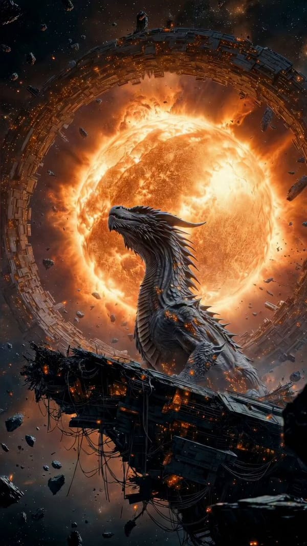 A majestic silver dragon stands atop a floating shattered platform in deep space, slowly shifti…