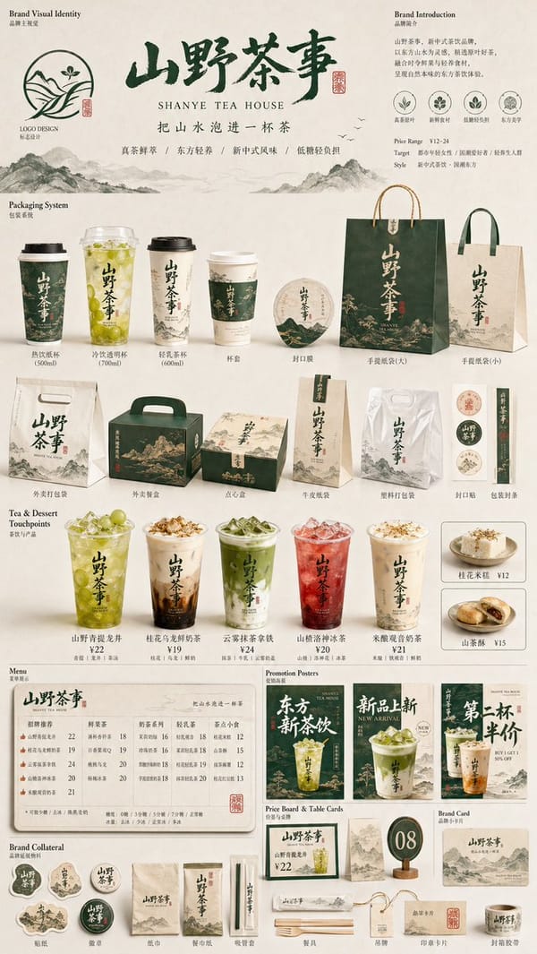 生成一张[餐饮品牌触点矩阵]系列视觉图，用于展示一个完整的餐饮品牌视觉系统与包装应用方案。 prompt example