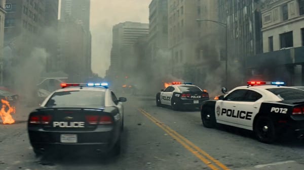 Multiple vehicles transform simultaneously into combat mechs in a city battle, opening on a wid…