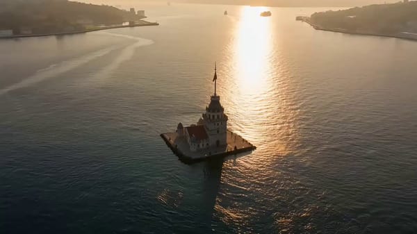 Cinematic 15-second historical landmark tour of Maiden’s Tower (Kız Kulesi) composed of 15 rapid 1-… prompt example