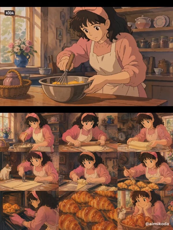 [SUBJECT]: a young woman baking croissant [GRID_LAYOUT]: 3x3 [THEME]: croissant making process from… prompt example