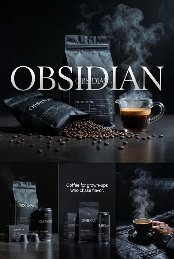 Create four connected premium realistic editorial images for OBSIDIAN coffee. Dark cinematic grown-… prompt example