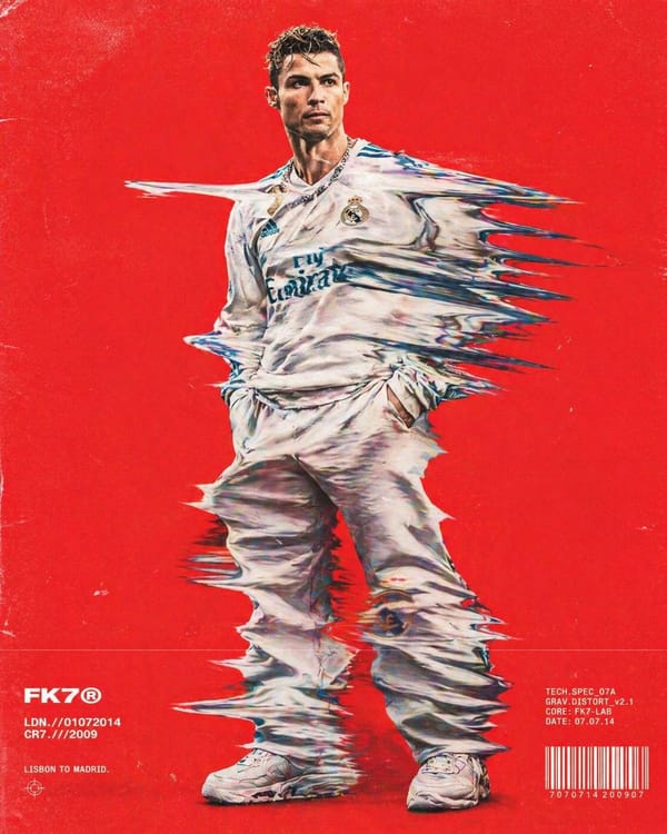 Hip-hop fashion model standing full-frame, clothing distorted into stretched streaks like motio…