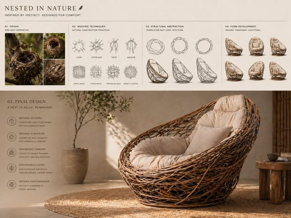 Conceptual transformation, bird nest construction techniques shaping a sculptural lounge chair, seq… prompt example