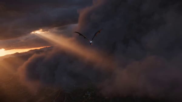 Create a dramatic and epic aerial fight scene between a lone warrior riding a massive black dra…